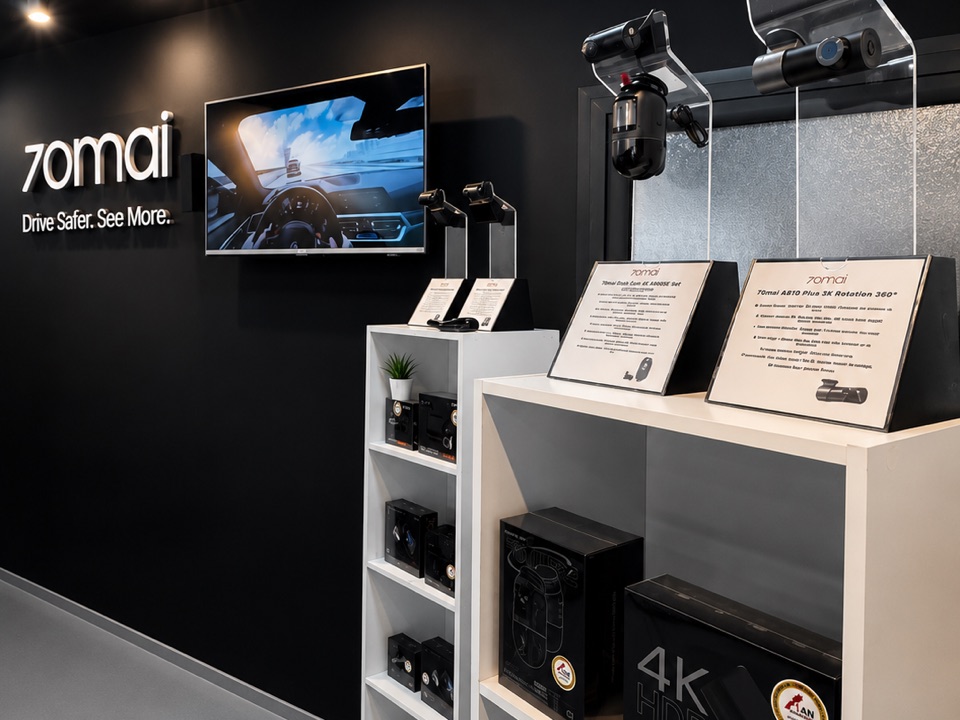 Intérieur du showroom DashCar à Casablanca : enseigne 70mai, écran de démonstration et présentoirs de dash cams